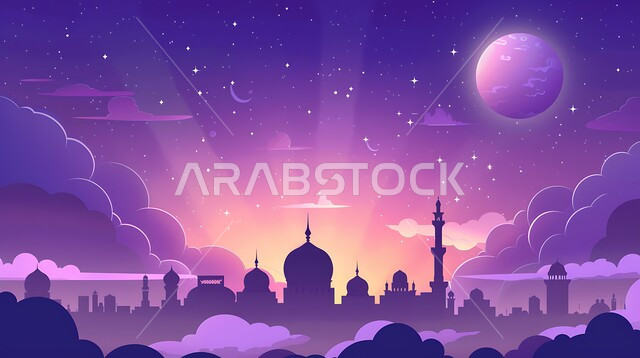 زينة الاعياد والمناسبات الدينية في المملكة العربية السعودية، رسوم توضيحية ثلاثية الابعاد لمآذن وقبب المساجد الإسلامية، منظر القمر المضيء في السماء، قدوم شهر الخير، مفهوم العبادة والتقرب إلى الله تعالى، الديكورات والتصاميم الهندسية المميزة في رمضان المبارك