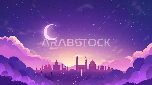 زينة الاعياد والمناسبات الدينية في المملكة العربية السعودية، رسوم توضيحية ثلاثية الابعاد لمآذن وقبب المساجد الإسلامية، منظر الهلال المضيء في السماء، قدوم شهر الخير، مفهوم العبادة والتقرب إلى الله تعالى، الديكورات والتصاميم الهندسية المميزة في رمضان المبارك