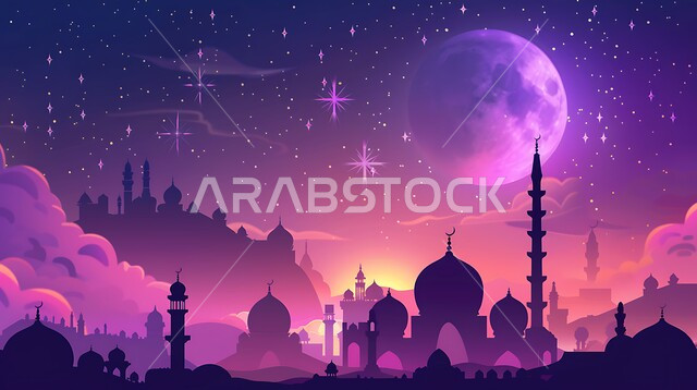 رسوم توضيحية ثلاثية الابعاد لمآذن وقبب المساجد الإسلامية، منظر القمر المضيء في السماء، قدوم شهر الخير، مفهوم العبادة والتقرب إلى الله تعالى، الديكورات والتصاميم الهندسية المميزة في رمضان المبارك، زينة الاعياد والمناسبات الدينية في المملكة العربية السعودية