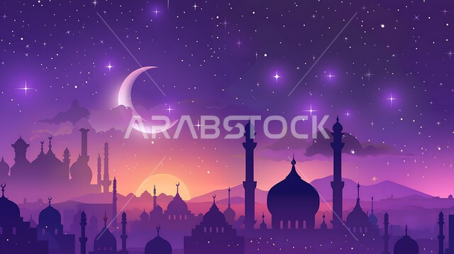 الفن الهندسي المعماري على الطراز الاسلامي للقبب والمآذن في المملكة العربية السعودية، أجواء رمضانية روحانية، خلفية السماء المليئة بالغيوم وهلال شهر رمضان المبارك، مجسم ثلاثي الابعاد لمسجد باللون البنفسجي، المناسبات و الأعياد الإسلامية الدينية