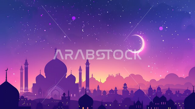 The concept of worship and getting closer to God Almighty, distinctive architectural decorations and designs in the holy month of Ramadan, decorations for religious holidays and occasions in the Kingdom of Saudi Arabia, 3D illustrations of minarets and domes of Islamic mosques, the view of the bright crescent moon in the sky, the arrival of the month of goodness