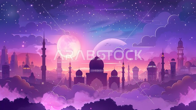 رسوم توضيحية ثلاثية الابعاد لمآذن وقبب المساجد الإسلامية، منظر القمر المضيء في السماء، قدوم شهر الخير، مفهوم العبادة والتقرب إلى الله تعالى، الديكورات والتصاميم الهندسية المميزة في رمضان المبارك، زينة الاعياد والمناسبات الدينية في المملكة العربية السعودية