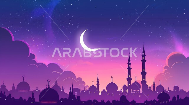 أجواء رمضانية روحانية، خلفية السماء المليئة بالغيوم وهلال شهر رمضان المبارك، الفن الهندسي المعماري على الطراز الاسلامي للقبب والمآذن في المملكة العربية السعودية، مجسم ثلاثي الابعاد لمسجد باللون البنفسجي، المناسبات و الأعياد الإسلامية الدينية