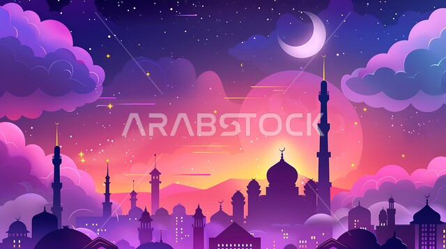 خلفية السماء المليئة بالغيوم وهلال شهر رمضان المبارك، الفن الهندسي المعماري على الطراز الاسلامي للقبب والمآذن في المملكة العربية السعودية، مجسم ثلاثي الابعاد لمسجد باللون البنفسجي، المناسبات و الأعياد الإسلامية الدينية، أجواء رمضانية روحانية