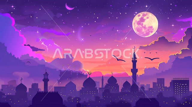The view of the bright moon in the sky, the arrival of the month of goodness, the concept of worship and drawing closer to God Almighty, three-dimensional illustrations of the minarets and domes of Islamic mosques, distinctive decorations and engineering designs in the holy month of Ramadan, decorations for religious holidays and occasions in the Kingdom of Saudi Arabia
