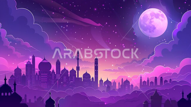 مفهوم العبادة والتقرب إلى الله تعالى، منظر القمر المضيء في السماء، قدوم شهر الخير، رسوم توضيحية ثلاثية الابعاد لمآذن وقبب المساجد الإسلامية، الديكورات والتصاميم الهندسية المميزة في رمضان المبارك، زينة الاعياد والمناسبات الدينية في المملكة العربية السعودية