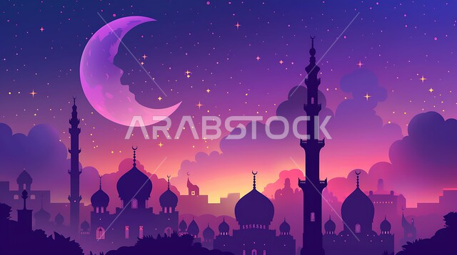 Islamic style architectural art of domes and minarets in Saudi Arabia, 3D model of a mosque in purple, Islamic religious occasions and holidays, background of cloudy sky and crescent moon of the holy month of Ramadan, spiritual Ramadan atmosphere