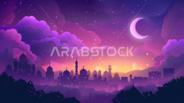 مجسم ثلاثي الابعاد لمسجد باللون البنفسجي، المناسبات و الأعياد الإسلامية الدينية، الفن الهندسي المعماري على الطراز الاسلامي للقبب والمآذن في السعودية، خلفية السماء المليئة بالغيوم وهلال شهر رمضان المبارك، أجواء رمضانية روحانية