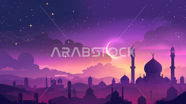  الفن الهندسي المعماري على الطراز الاسلامي للقبب والمآذن في السعودية، المناسبات و الأعياد الإسلامية الدينية، مجسم ثلاثي الابعاد لمسجد باللون البنفسجي، خلفية السماء المليئة بالغيوم وهلال شهر رمضان المبارك