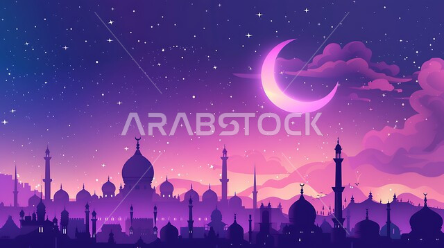 قدوم شهر الخير، رسوم توضيحية ثلاثية الابعاد لمآذن وقبب المساجد الإسلامية، منظر الهلال المضيء في السماء، الديكورات والتصاميم الهندسية المميزة في رمضان المبارك، مفهوم العبادة والتقرب إلى الله تعالى، زينة الاعياد والمناسبات الدينية في المملكة العربية السعودية