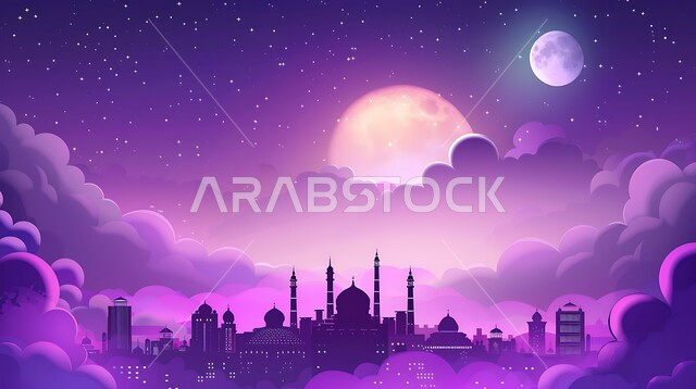 خلفية السماء بالقمر العملاق المضيء، الفن الهندسي المعماري على الطراز الاسلامي للقبب والمآذن في السعودية، المناسبات و الأعياد الإسلامية الدينية، مجسم ثلاثي الابعاد لمسجد باللون البنفسجي