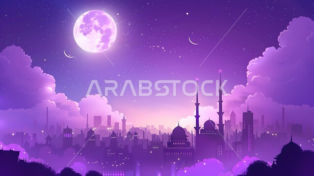 مجسم ثلاثي الابعاد لمسجد باللون البنفسجي، خلفية السماء بالقمر العملاق المضيء، الفن الهندسي المعماري على الطراز الاسلامي للقبب والمآذن في السعودية، المناسبات و الأعياد الإسلامية الدينية