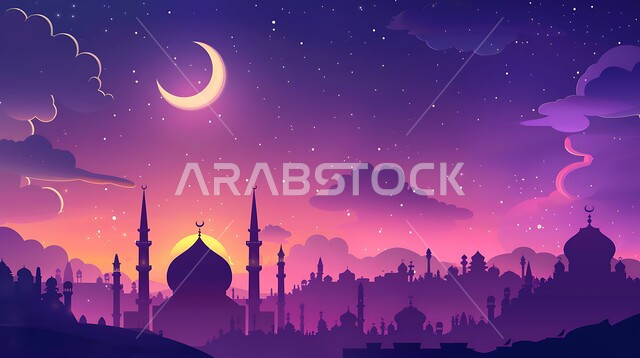  رسوم توضيحية ثلاثية الابعاد لمآذن وقبب المساجد الإسلامية، منظر الهلال المضيء في السماء، الديكورات والتصاميم الهندسية المميزة في رمضان المبارك، مفهوم العبادة والتقرب إلى الله تعالى، زينة الاعياد والمناسبات الدينية في المملكة العربية السعودية، قدوم شهر الخير