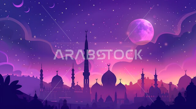 أجواء رمضانية روحانية، خلفية السماء بالقمر العملاق المضيء، مجسم ثلاثي الابعاد لمسجد باللون البنفسجي، الفن الهندسي المعماري على الطراز الاسلامي للقبب والمآذن في السعودية، المناسبات و الأعياد الإسلامية الدينية