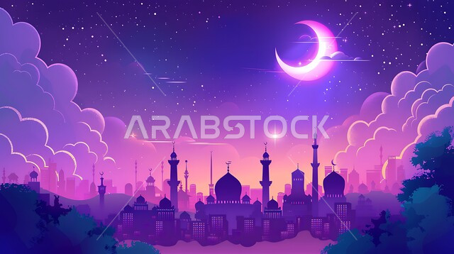 الديكورات والتصاميم الهندسية المميزة في رمضان المبارك، مفهوم العبادة والتقرب إلى الله تعالى، زينة الاعياد والمناسبات الدينية في المملكة العربية السعودية، رسوم توضيحية ثلاثية الابعاد لمآذن وقبب المساجد الإسلامية، منظر الهلال المضيء في السماء، قدوم شهر الخير