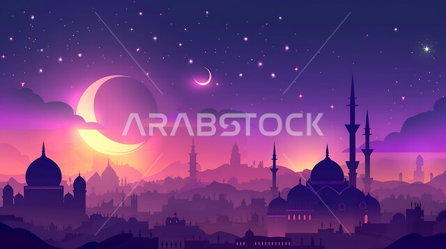  زينة الاعياد والمناسبات الدينية في المملكة العربية السعودية، قدوم شهر الخير، رسوم توضيحية ثلاثية الابعاد لمآذن وقبب المساجد الإسلامية، منظر الهلال المضيء في السماء، الديكورات والتصاميم الهندسية المميزة في رمضان المبارك، مفهوم العبادة والتقرب إلى الله تعالى