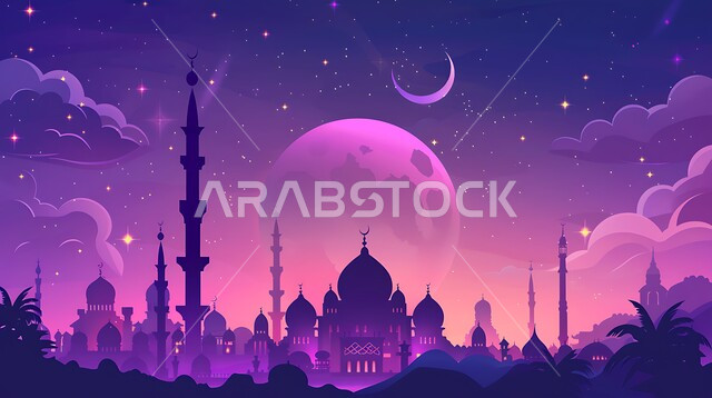 خلفية السماء بالقمر العملاق المضيء، مجسم ثلاثي الابعاد لمسجد باللون البنفسجي، الفن الهندسي المعماري على الطراز الاسلامي للقبب والمآذن في السعودية، المناسبات و الأعياد الإسلامية الدينية،  أجواء رمضانية روحانية