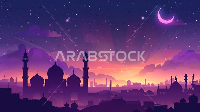 مفهوم العبادة والتقرب إلى الله تعالى، الديكورات والتصاميم الهندسية المميزة في رمضان المبارك، زينة الاعياد والمناسبات الدينية في المملكة العربية السعودية، رسوم توضيحية ثلاثية الابعاد لمآذن وقبب المساجد الإسلامية، منظر الهلال المضيء في السماء، قدوم شهر الخير