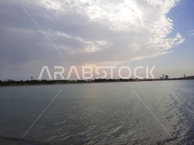 Red Sea beach in the Kingdom of Saudi Arabia, view of the Corniche, recreational tourist places, Jeddah waterfront, sunset time