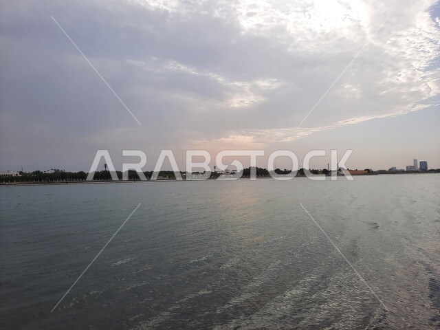 Red Sea beach in the Kingdom of Saudi Arabia, view of the Corniche, recreational tourist places, Jeddah waterfront, sunset time