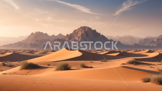 الكثبان الرملية في الصحراء وقت في النهار، الرمال الناعمة والطبيعة الصحراوية، تلال رملية التضاريس الصحراوية