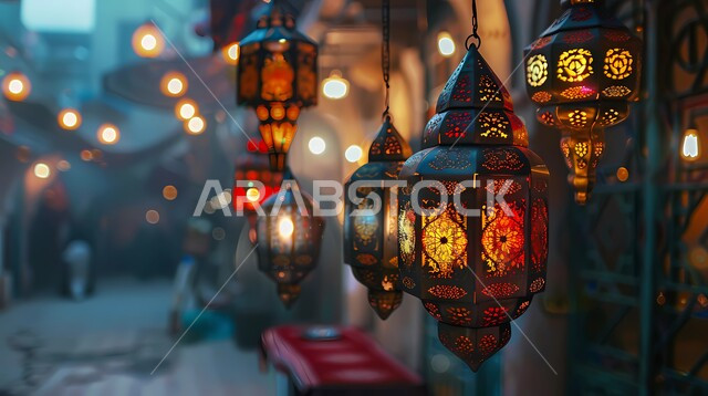 فوانيس عربية تقليدية معدنية مزخرفة، تحف وأنوار وديكورات على الطراز العربي الإسلامي، إضاءة وزينة رمضان المبارك، الإحتفال بقدوم شهر الخير والبركة، أجواء رمضانية روحانية دينية، المصابيح المعلقة المضيئة بألوان مختلفة