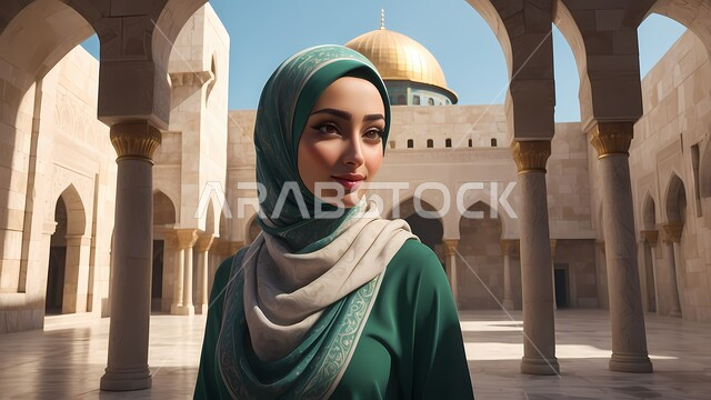 رسوم توضيحية ثلاثية الأبعاد لسيدة عربية ترتدي ملابس شرق أوسطية تقليدية,  الاهتمام بالأناقة والمظهر الخارجي، النظر إلى الكاميرا بايماءات الجدية