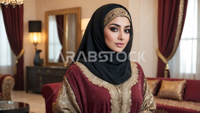 3D illustration of an Arab woman wearing traditional Middle Eastern clothes, paying attention to elegance and appearance, looking at the camera with serious gestures