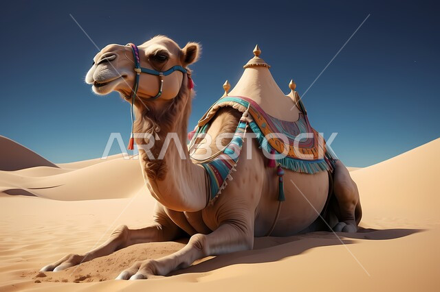 رسم ثلاثي الأبعاد لحيوان الجمل يجلس وسط صحراء المملكة العربية السعودية, الاهتمام في تربية الجمال و الإبل, الرمال الذهبية في المناطق الصحراوية, مفهوم رعاية المواشي والحيوانات, التكوينات والتشكيلات الرملية في الصحاري, خلفية الطبيعة