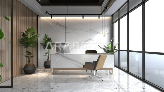 Modern office equipment with elegant and comfortable furniture, modern interior designs and upscale decorations, modern design for Saudi Arabia companies’ offices, huge glass facades in the office