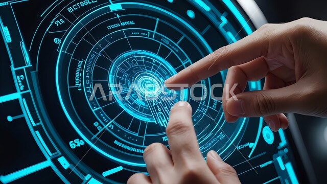 دمج التكنولوجيا المتطورة مع العمل، مراقبة الرسوم البيانيه الهولوجراميه على الشاشات الالكترونيه المضيئه, يدان تتفاعلان مع واجهة رقمية مستقبلية في بيئة عالية التقنية