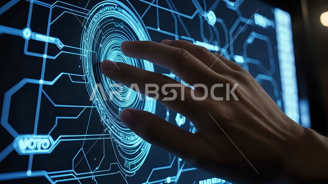 دمج التكنولوجيا المتطورة مع العمل، مراقبة الرسوم البيانيه الهولوجراميه على الشاشات الالكترونيه المضيئه, يدان تتفاعلان مع واجهة رقمية مستقبلية في بيئة عالية التقنية