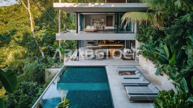  حمام السباحة الكبير بأشكال هندسية مبتكرة, الفناء الخارجي ذو الطبيعة الخضراء والأشجار ونباتات الزينة، المباني ذات الواجهة الزجاجية والإطلالة الجميلة, تصاميم حديثة وديكورات داخلية مميزة, فلل وشقق سكنية في المملكة العربية السعودية، الفن المعماري الهندسي المعاصر