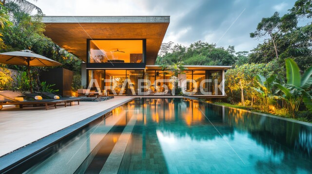 Large swimming pool with innovative geometric shapes, outdoor courtyard with green nature, trees and ornamental plants, buildings with glass facade and beautiful view, modern designs and distinctive interior decorations, villas and residential apartments in the Kingdom of Saudi Arabia, contemporary architectural engineering art