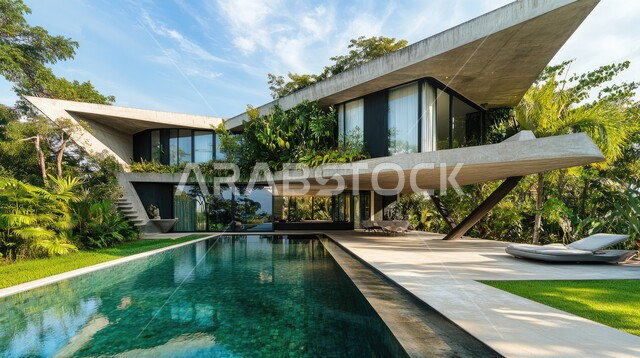  حمام السباحة الكبير بأشكال هندسية مبتكرة, الفناء الخارجي ذو الطبيعة الخضراء والأشجار ونباتات الزينة، المباني ذات الواجهة الزجاجية والإطلالة الجميلة, تصاميم حديثة وديكورات داخلية مميزة, فلل وشقق سكنية في المملكة العربية السعودية، الفن المعماري الهندسي المعاصر