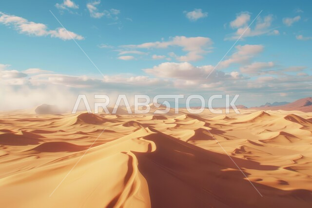 التلال والكثبان الرملية في المناطق الصحراوية في ضوء النهار، الصحراء الواسعة في المملكة العربية السعودية، الرمال الذهبية اللامعة تحت أشعة الشمس، البيئة البرية التضاريس الجافة، تشكل الهضاب والتلال الصغيرة من حبات الرمل الناعمة، أماكن مغامرات و كشتات البر  