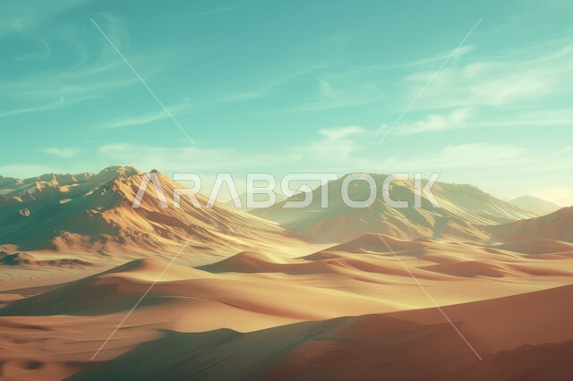 التلال والكثبان الرملية في المناطق الصحراوية في ضوء النهار، الصحراء الواسعة في المملكة العربية السعودية، الرمال الذهبية اللامعة تحت أشعة الشمس، البيئة البرية التضاريس الجافة، تشكل الهضاب والتلال الصغيرة من حبات الرمل الناعمة، أماكن مغامرات و كشتات البر  