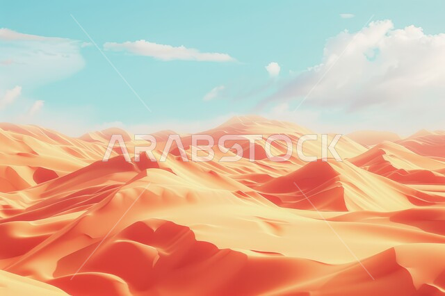 التلال والكثبان الرملية في المناطق الصحراوية في ضوء النهار، الصحراء الواسعة في المملكة العربية السعودية، الرمال الذهبية اللامعة تحت أشعة الشمس، البيئة البرية التضاريس الجافة، تشكل الهضاب والتلال الصغيرة من حبات الرمل الناعمة، أماكن مغامرات و كشتات البر  