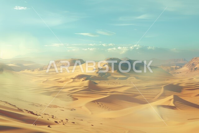 البيئة البرية التضاريس الجافة، الرمال الذهبية اللامعة تحت أشعة الشمس، الصحراء الواسعة في المملكة العربية السعودية، التلال والكثبان الرملية في المناطق الصحراوية في ضوء النهار، تشكل الهضاب والتلال الصغيرة من حبات الرمل الناعمة، أماكن مغامرات و كشتات البر  