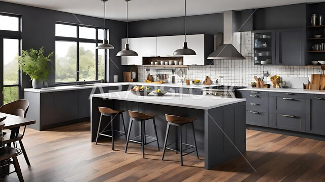 مطبخ بديكورات داخلية فاخرة باللون الأسود، فنون الهندسة المعمارية المتميزة الحديثة، شقق وفلل سكنية في السعودية، استخدام الطراز الفني العصري في الزينة والأضواء والاكسسوارات، الأثاث المنزلي الراقي في بيوت المملكة