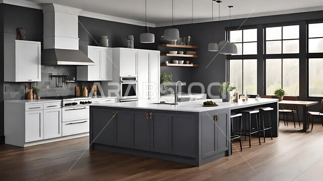 مطبخ بديكورات داخلية فاخرة باللون الأسود، فنون الهندسة المعمارية المتميزة الحديثة، شقق وفلل سكنية في السعودية، استخدام الطراز الفني العصري في الزينة والأضواء والاكسسوارات، الأثاث المنزلي الراقي في بيوت المملكة