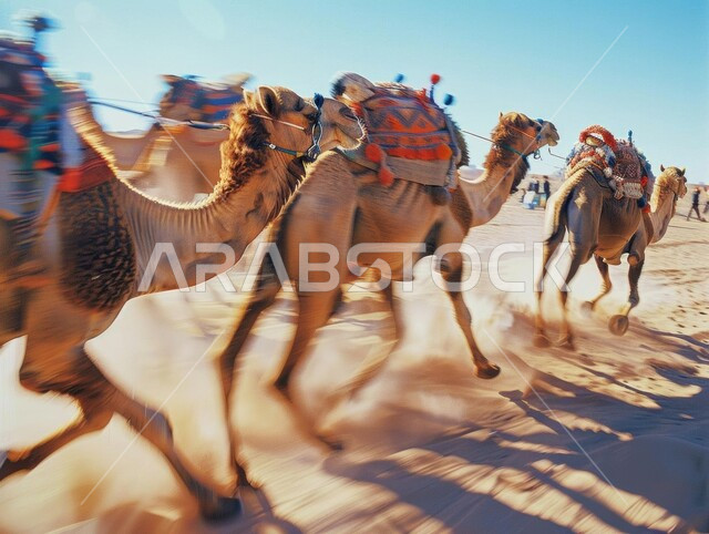 مجموعة من حيوانات الجمل تركض على الرمال الذهبية الناعمة، سباقات الهجن في المملكة، أنشطة عربية تراثية في المناطق الصحراوية، عرض أجود أنواع النوق السعودية الأصيلة، بدء سباق الهجن الموسمي، مفهوم رعاية وتربية الإبل، المشاركة في المنافسات الشعبية