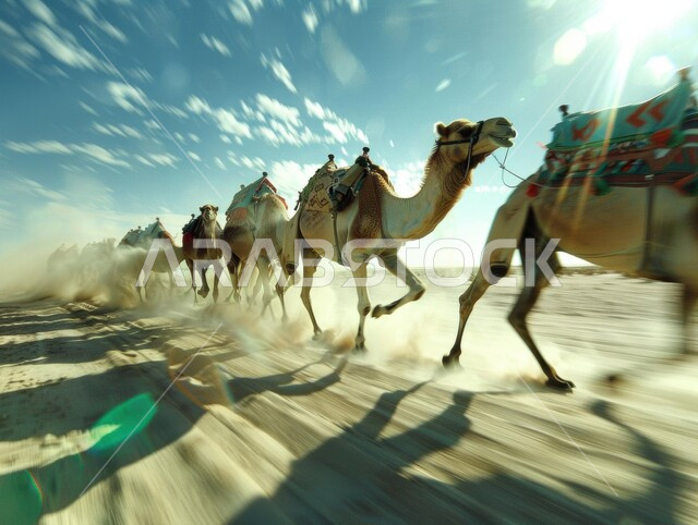 مجموعة من حيوانات الجمل تركض على الرمال الذهبية الناعمة، سباقات الهجن في المملكة، أنشطة عربية تراثية في المناطق الصحراوية، عرض أجود أنواع النوق السعودية الأصيلة، بدء سباق الهجن الموسمي، مفهوم رعاية وتربية الإبل، المشاركة في المنافسات الشعبية