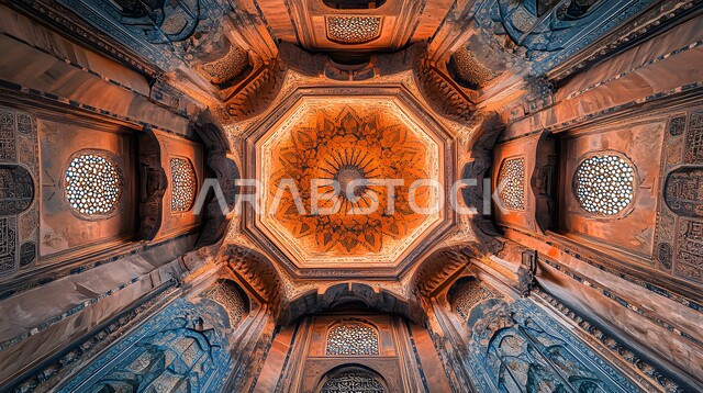 Close-up of mosque ceiling decorations in Saudi Arabia, engineering and architectural art in construction, distinctive interior designs and decorations of mosques in the Islamic style, spiritual religious atmosphere, sacred Islamic places