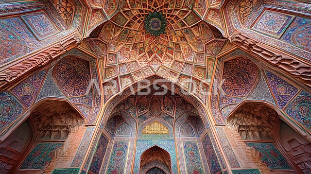 صورة مقربة لزخارف سقف المسجد في المملكة العربية السعودية، الفن الهندسي والمعماري في البناء، التصاميم والديكورات الداخلية المميزة للمساجد على الطراز الاسلامي، الاجواء الدينية الروحانية، أماكن إسلامية مقدسة