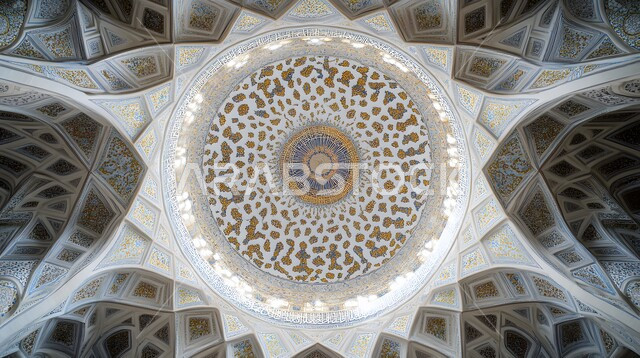 Close-up of mosque ceiling decorations in Saudi Arabia, engineering and architectural art in construction, distinctive interior designs and decorations of mosques in the Islamic style, spiritual religious atmosphere, sacred Islamic places