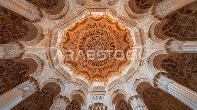 صورة مقربة لزخارف سقف المسجد في المملكة العربية السعودية، الفن الهندسي والمعماري في البناء، التصاميم والديكورات الداخلية المميزة للمساجد على الطراز الاسلامي، الاجواء الدينية الروحانية، أماكن إسلامية مقدسة