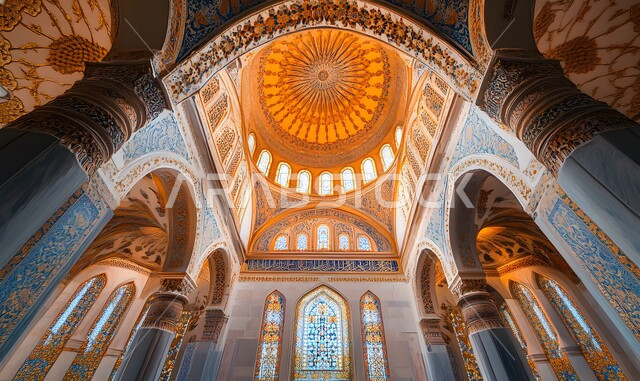 التصاميم والديكورات الداخلية المميزة للمساجد على الطراز الاسلامي، الفن الهندسي والمعماري في البناء، صورة مقربة لزخارف سقف المسجد في المملكة العربية السعودية،  الاجواء الدينية الروحانية، أماكن إسلامية مقدسة 