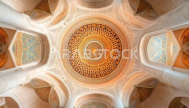 التصاميم والديكورات الداخلية المميزة للمساجد على الطراز الاسلامي، الفن الهندسي والمعماري في البناء، صورة مقربة لزخارف سقف المسجد في المملكة العربية السعودية،  الاجواء الدينية الروحانية، أماكن إسلامية مقدسة 