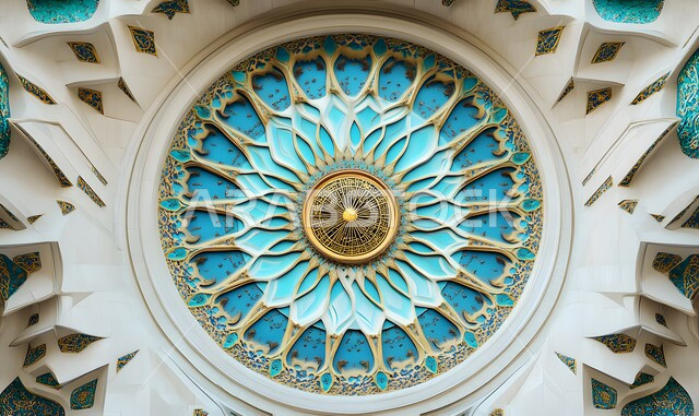 التصاميم والديكورات الداخلية المميزة للمساجد على الطراز الاسلامي، الفن الهندسي والمعماري في البناء، صورة مقربة لزخارف سقف المسجد في المملكة العربية السعودية،  الاجواء الدينية الروحانية، أماكن إسلامية مقدسة 
